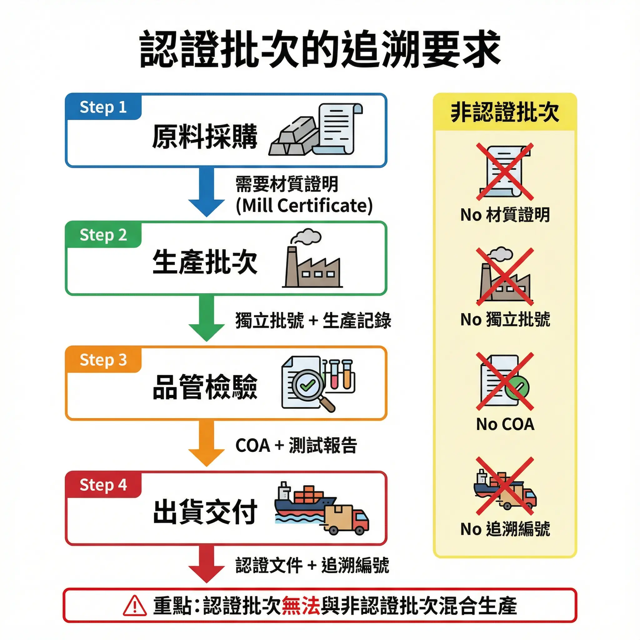 認證批次的追溯要求流程圖,顯示從原料採購到出貨交付的完整追溯鏈,以及與非認證批次的差異
